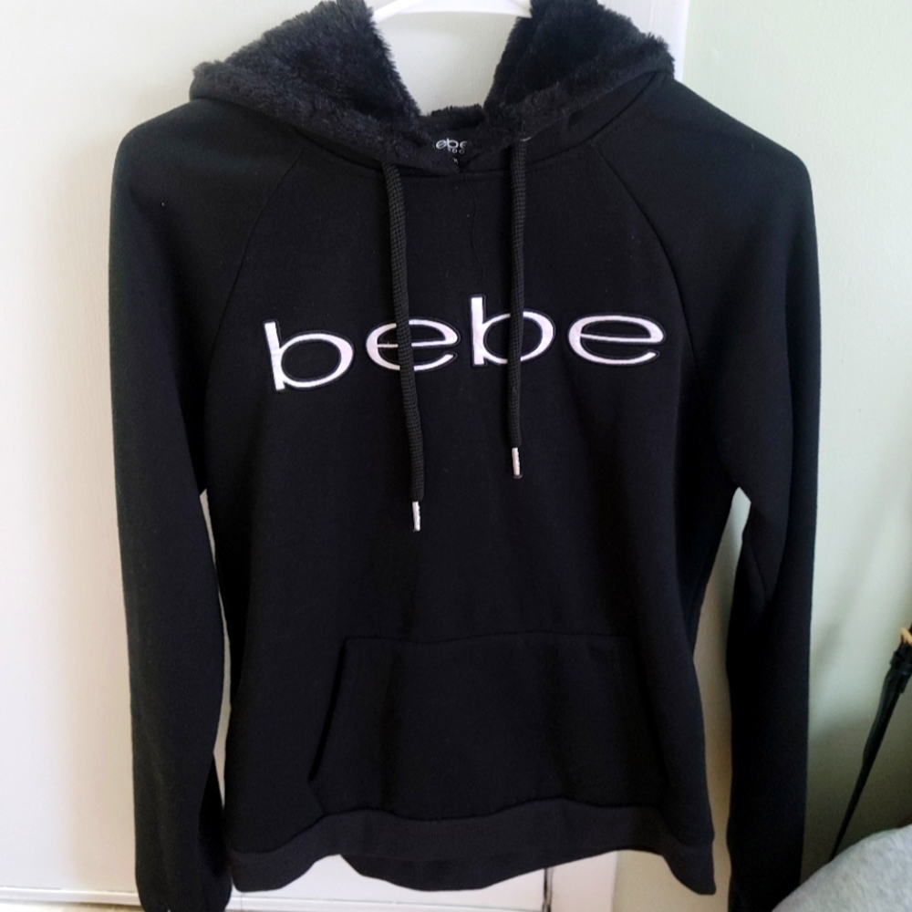Bebe Black Pullover Fleece FUR LINED  Sweatshirt with White Logo